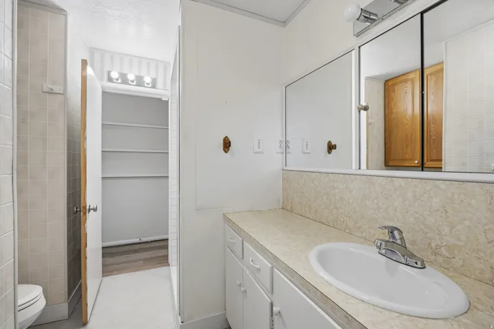 Hall bathroom with large vanity and plenty of counter space
