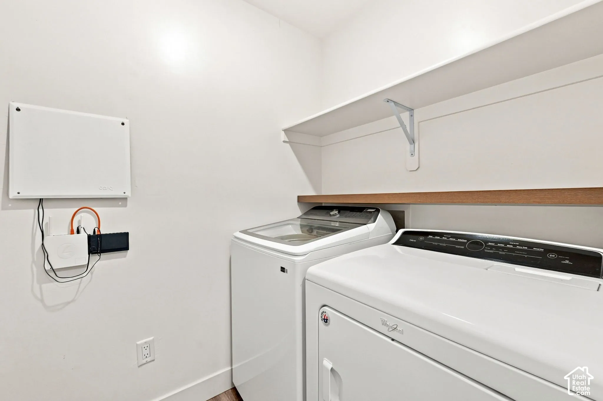 Built-in shelving with wood-finish accent