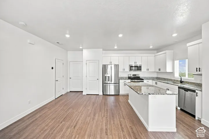 Modern kitchen featuring white cabinetry, stainless steel appliances, a center island with a granite countertop, and wood-finish flooring