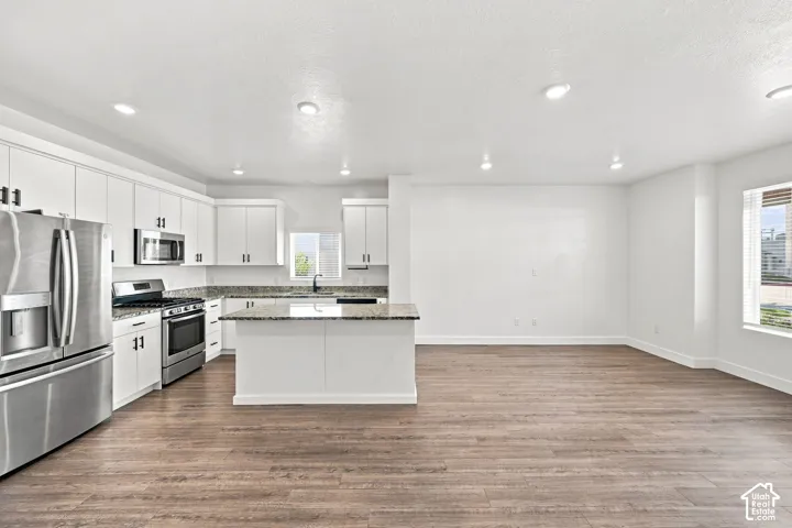 Modern kitchen featuring white cabinetry, stainless steel appliances, an island with a countertop, and wood-finish flooring
