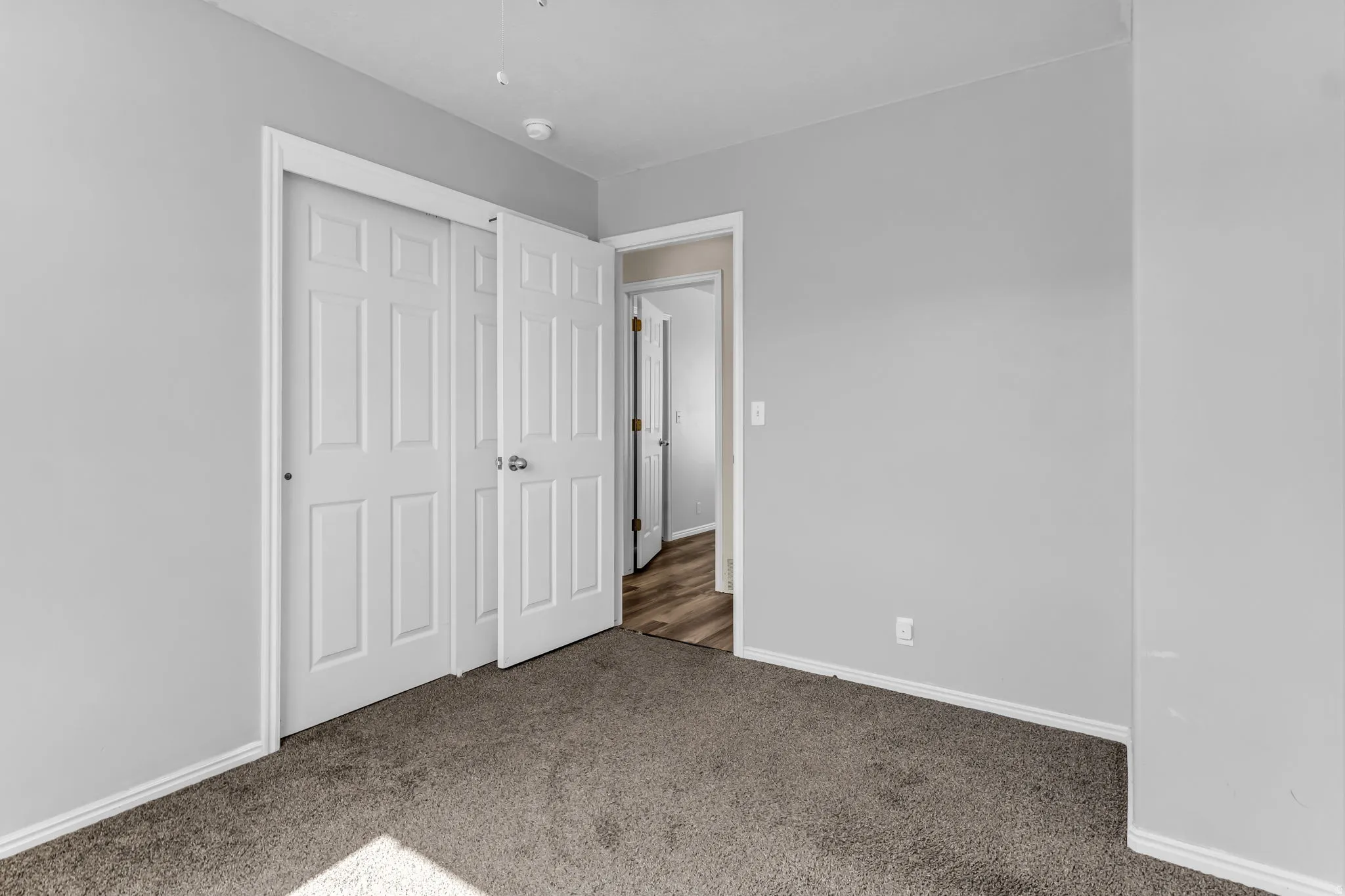 Grey carpeting throughout, white trim, and light grey walls