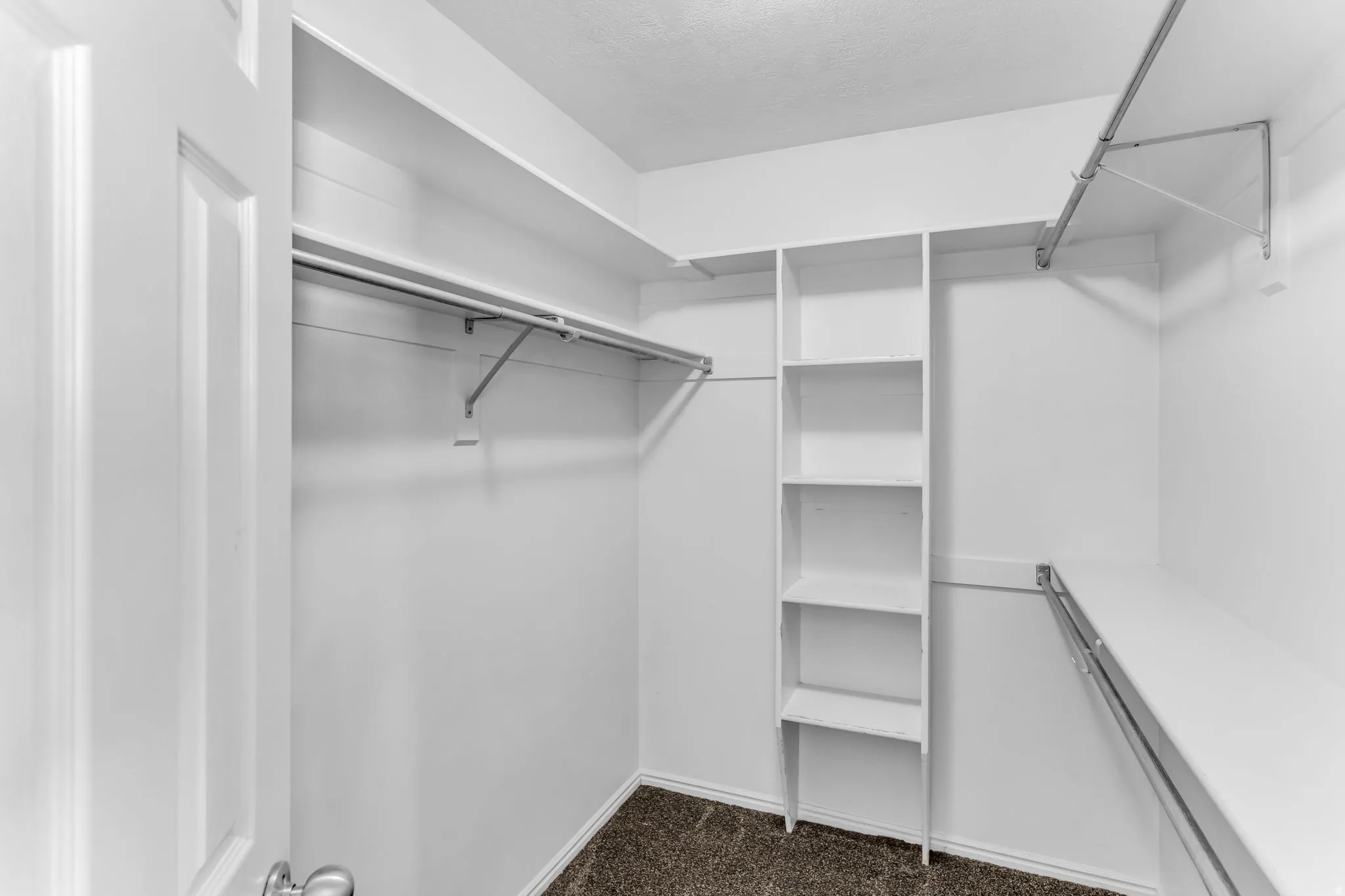 Walk-in closet with built-in shelving, multiple hanging rods, and dark-toned carpet flooring