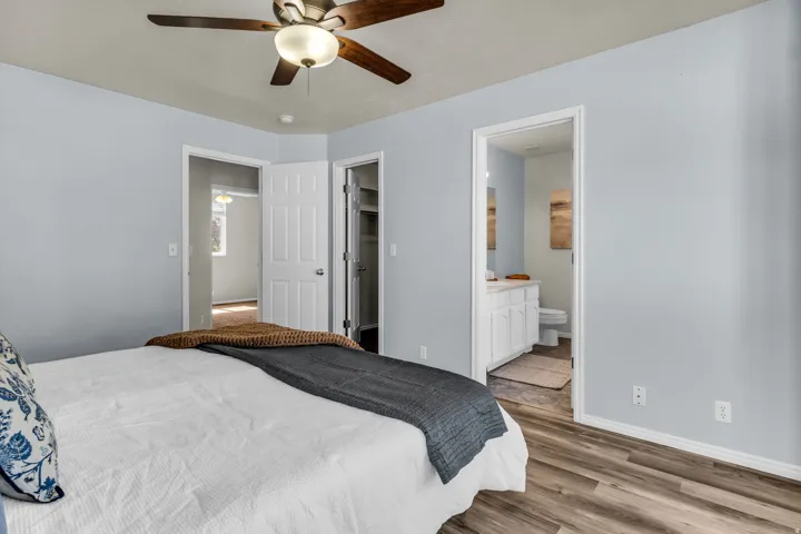 Wood-finish flooring, ceiling fan with integrated lighting, built-in closet shelving, white vanity with counter space, and a wall-mounted mirror