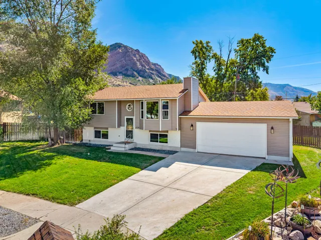 Split-level residence featuring a two-car garage, concrete driveway, and a front yard with mature landscaping