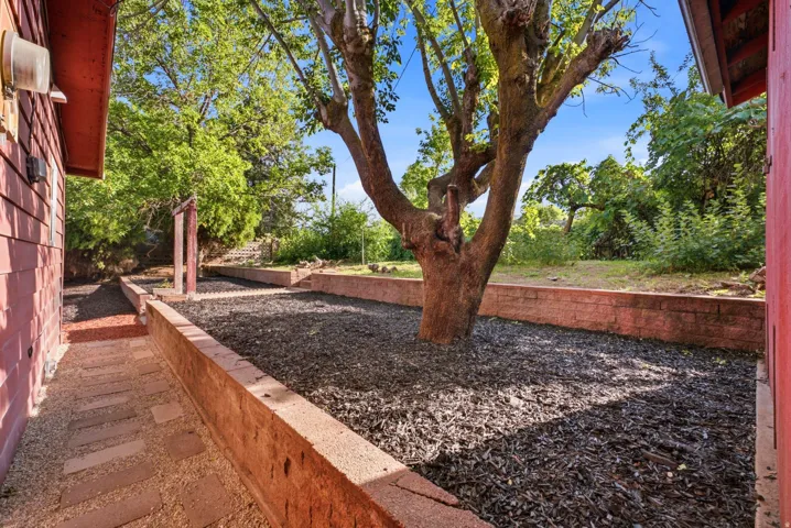 Terraced landscaping featuring a mature tree, brick retaining walls, and a stone-paver pathway