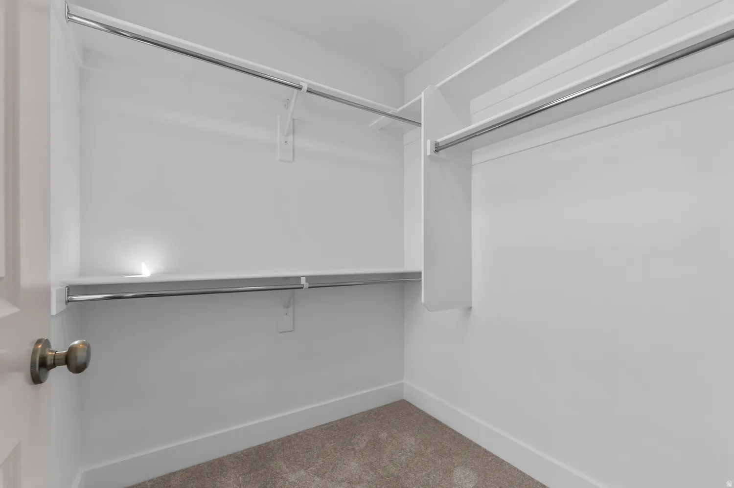 White walk-in closet with built-in shelving, chrome hanging rods, and neutral-toned carpeting