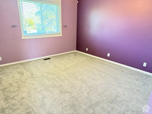 Carpeted flooring, window with blinds, and white trim