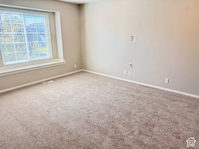Neutral tone wall paint, light-toned carpet, and a large window with blinds