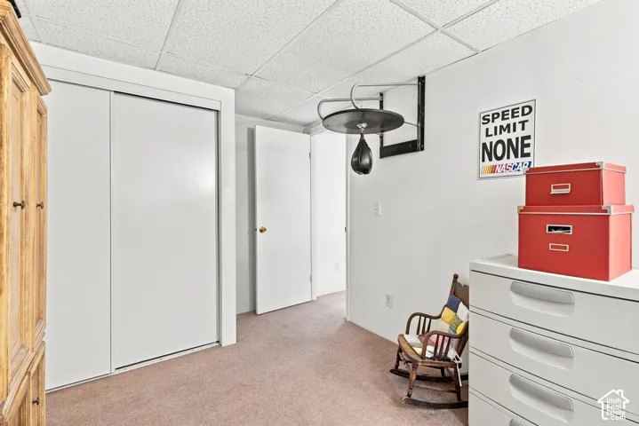 Carpeted room with a drop ceiling, featuring sliding closet doors and a standard interior door