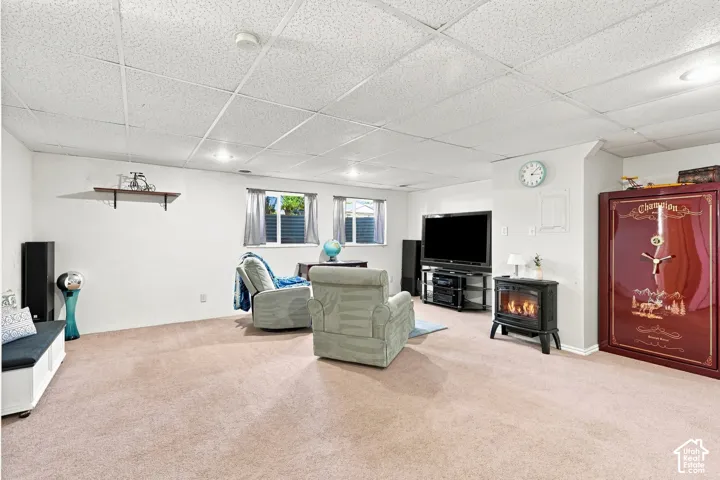 Recessed lighting, carpeted flooring, wall-mounted shelving, and two windows with blinds