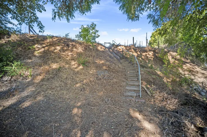 Hillside landscaping with natural ground cover and a stepped pathway featuring a metal handrail