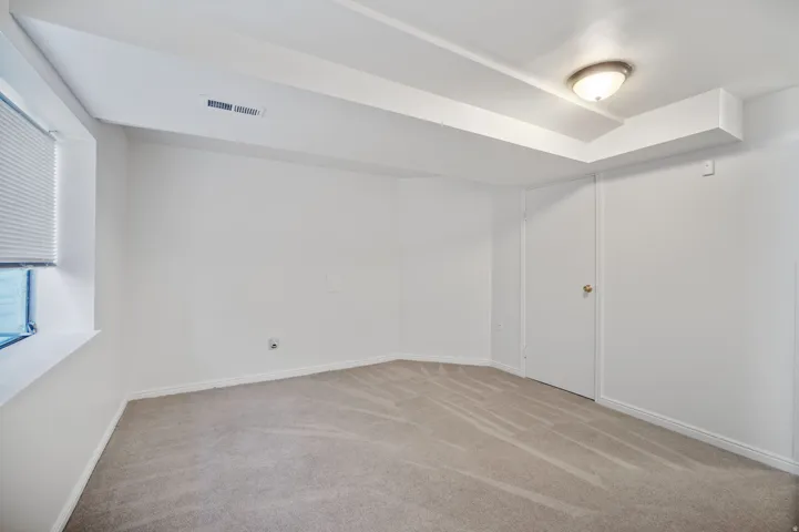 Recessed window with blinds, overhead lighting, neutral carpeting, and a white interior door