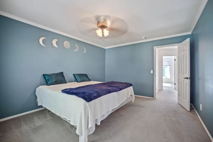 Room featuring blue painted walls, crown molding, and light gray carpeting