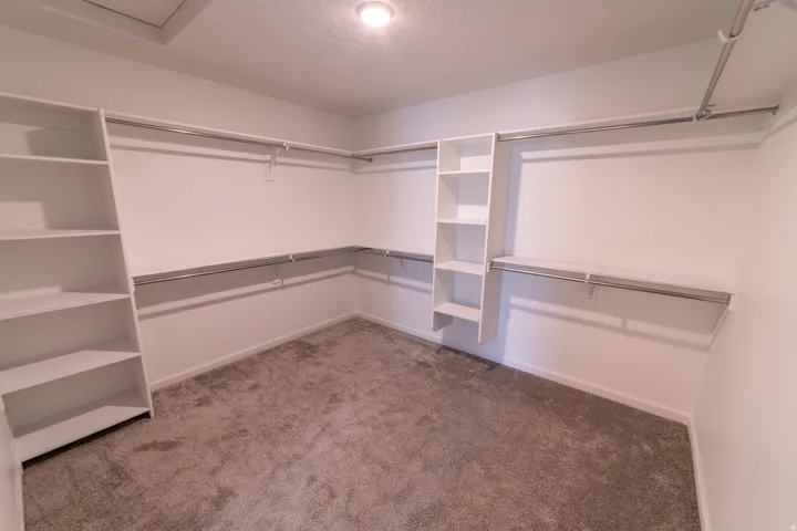 Walk-in closet with built-in shelving, multiple hanging rods, recessed lighting, and carpet flooring