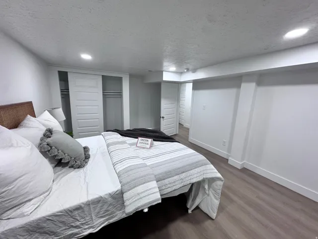 Recessed lighting, wood-finish flooring, white walls, and a barn door closet