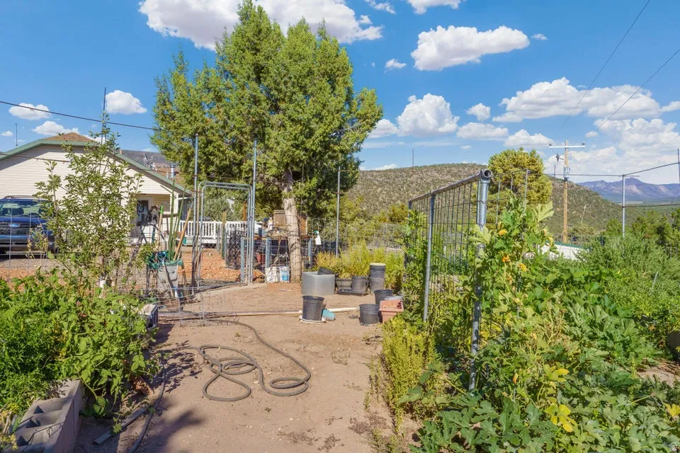 Expansive garden area with mature plantings, trellises, and a backdrop of distant hills