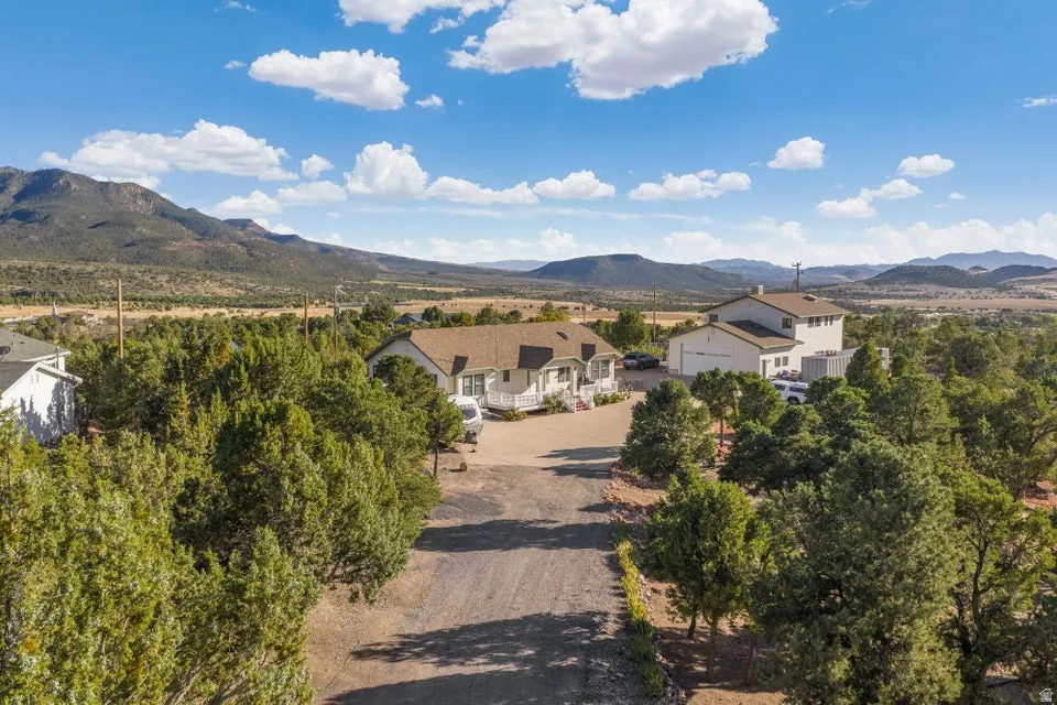 Expansive property featuring two distinct structures, surrounding mature trees, and a gravel drive