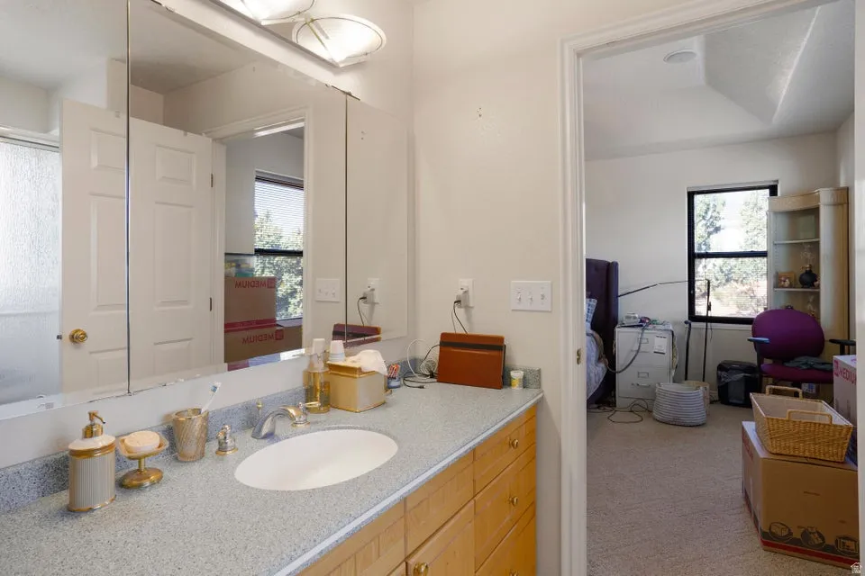 Vanity with an integrated oval sink, light-colored countertop, wood-finish cabinetry, and an overhead medicine cabinet