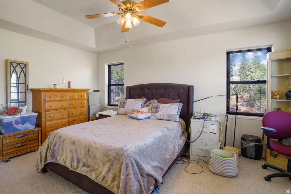 Tray ceiling with a ceiling fan light fixture, two windows with blinds, and neutral-toned wall paint