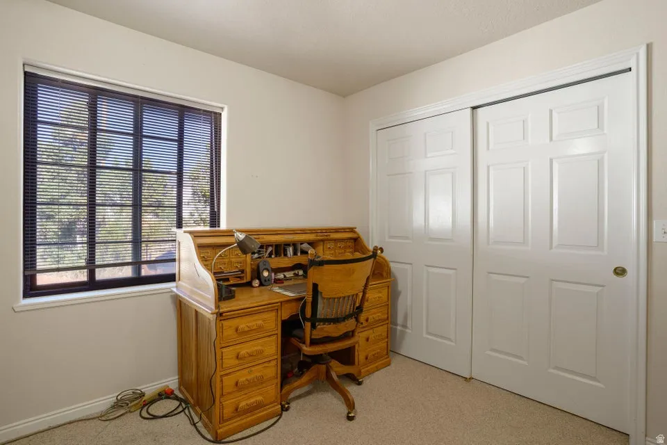 Wall-to-wall carpeting with a neutral finish, featuring a window with horizontal blinds, and a built-in closet with sliding panel doors