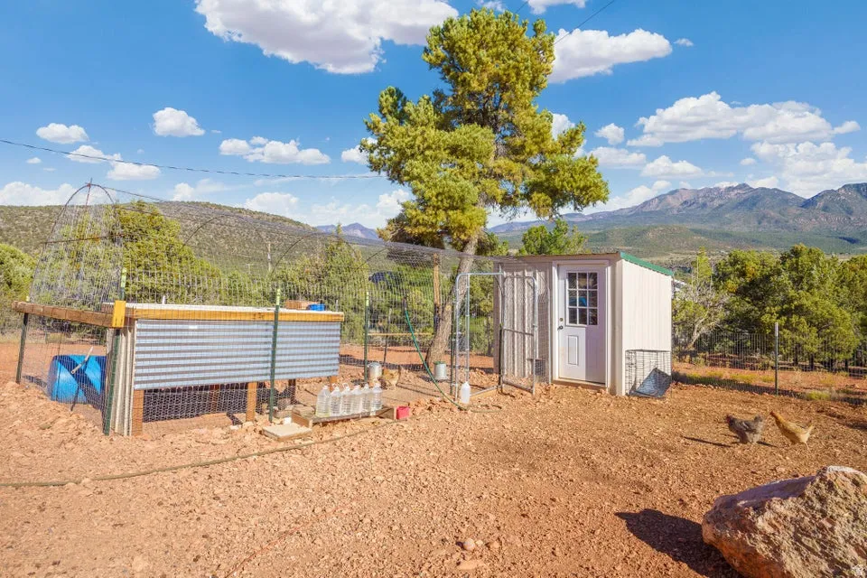 Outbuilding with panel door and metal roofing, enclosed outdoor area, and established tree