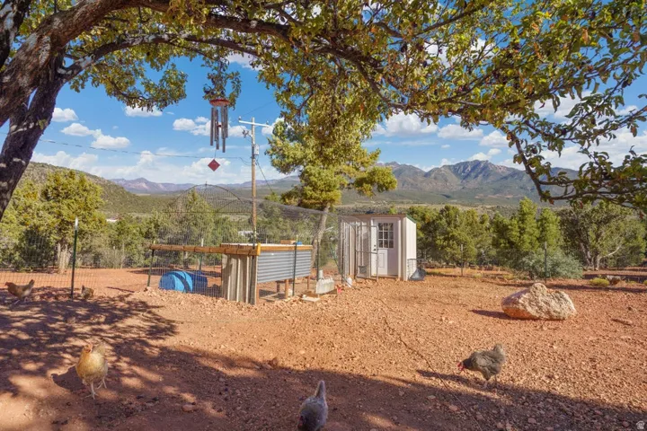 Expansive outdoor space featuring a detached shed, fenced enclosure, and a mountainous backdrop