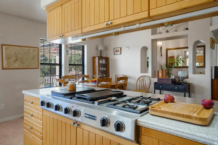 Stainless steel range cooktop, light wood cabinetry, light-toned countertop, and arched wall cutouts
