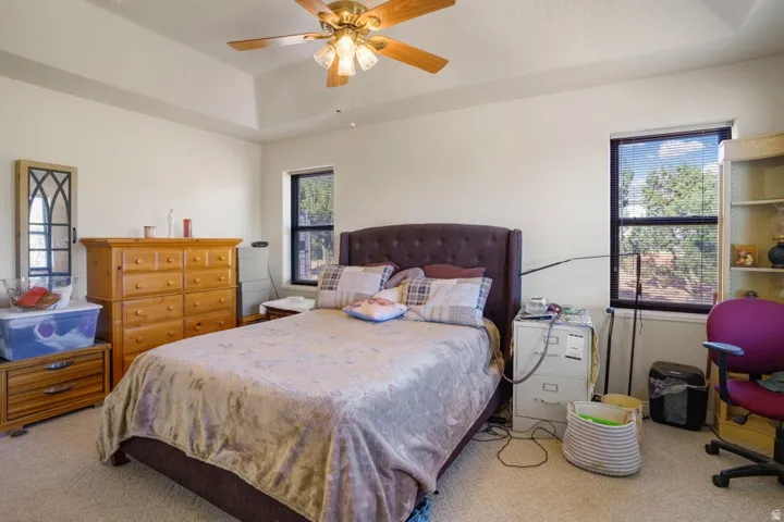 Tray ceiling with a ceiling fan light fixture, two windows with blinds, and neutral-toned wall paint