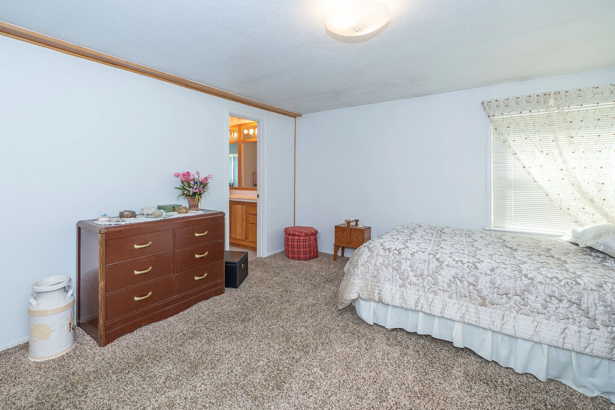 Carpeted flooring, window with blinds, overhead lighting, wood-finish trim