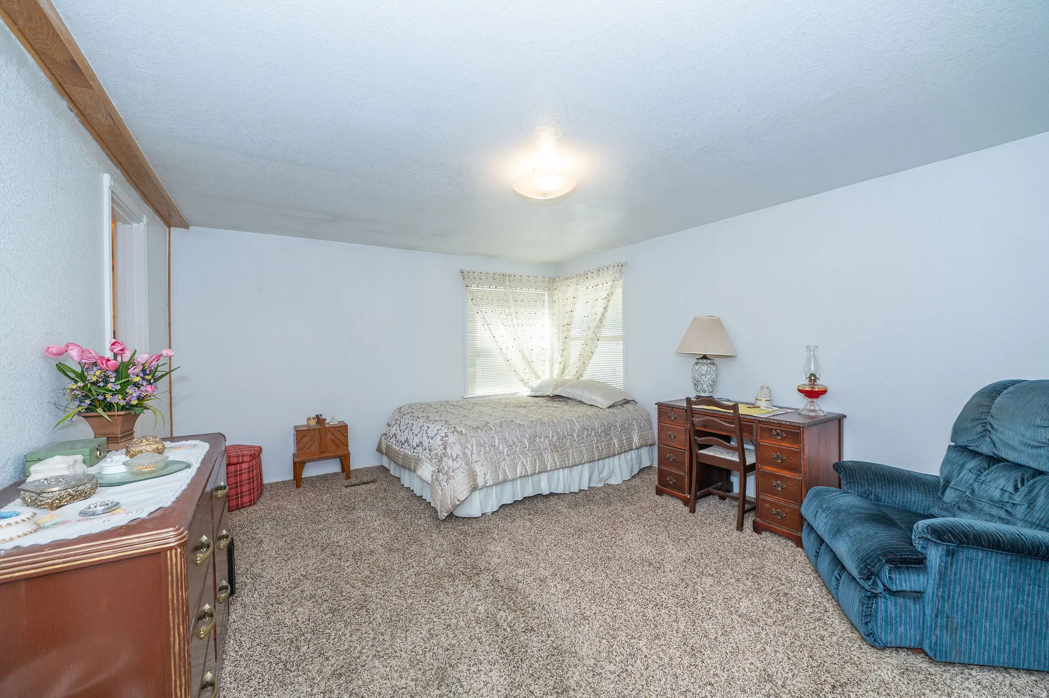 Carpeted flooring, white walls, built-in ceiling light, window with natural light, wood trim