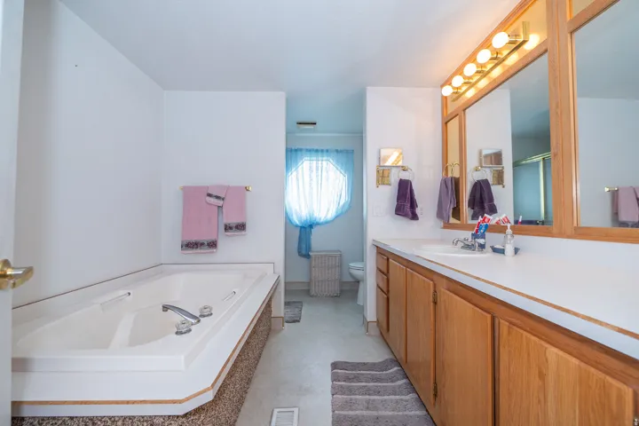 Built-in soaking tub, expansive vanity with integrated sink, wood-finish cabinetry, triple framed mirrors, and overhead vanity lighting