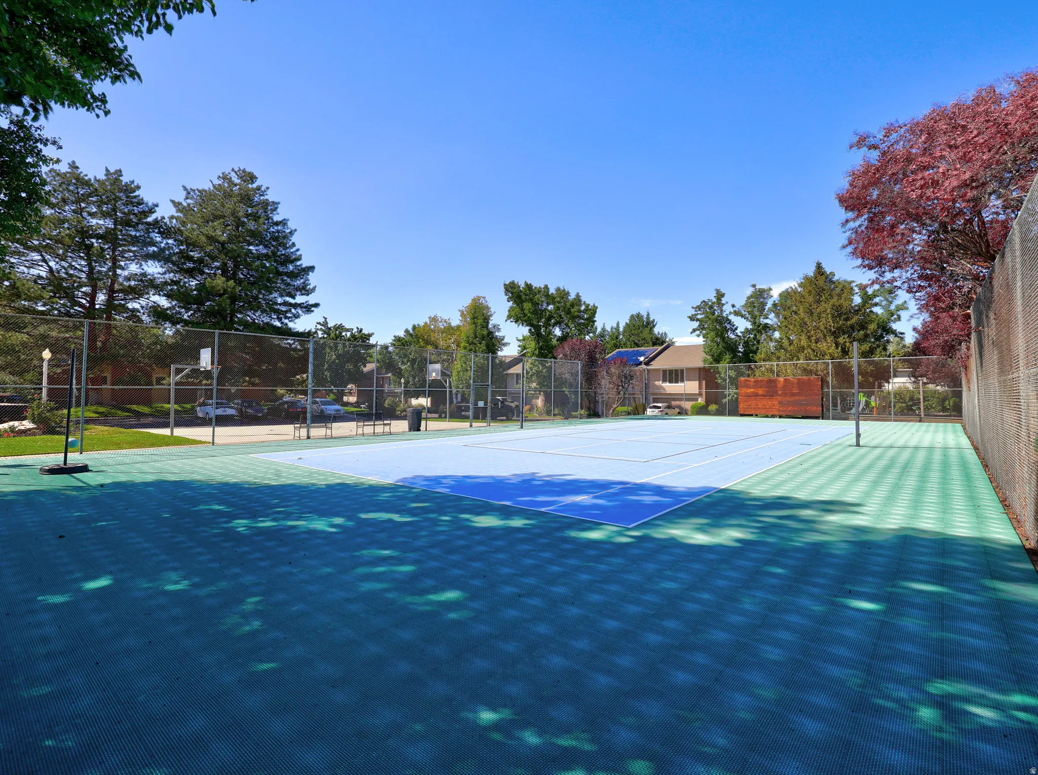 Sport court featuring a blue playing surface, perimeter fencing, and surrounding mature trees