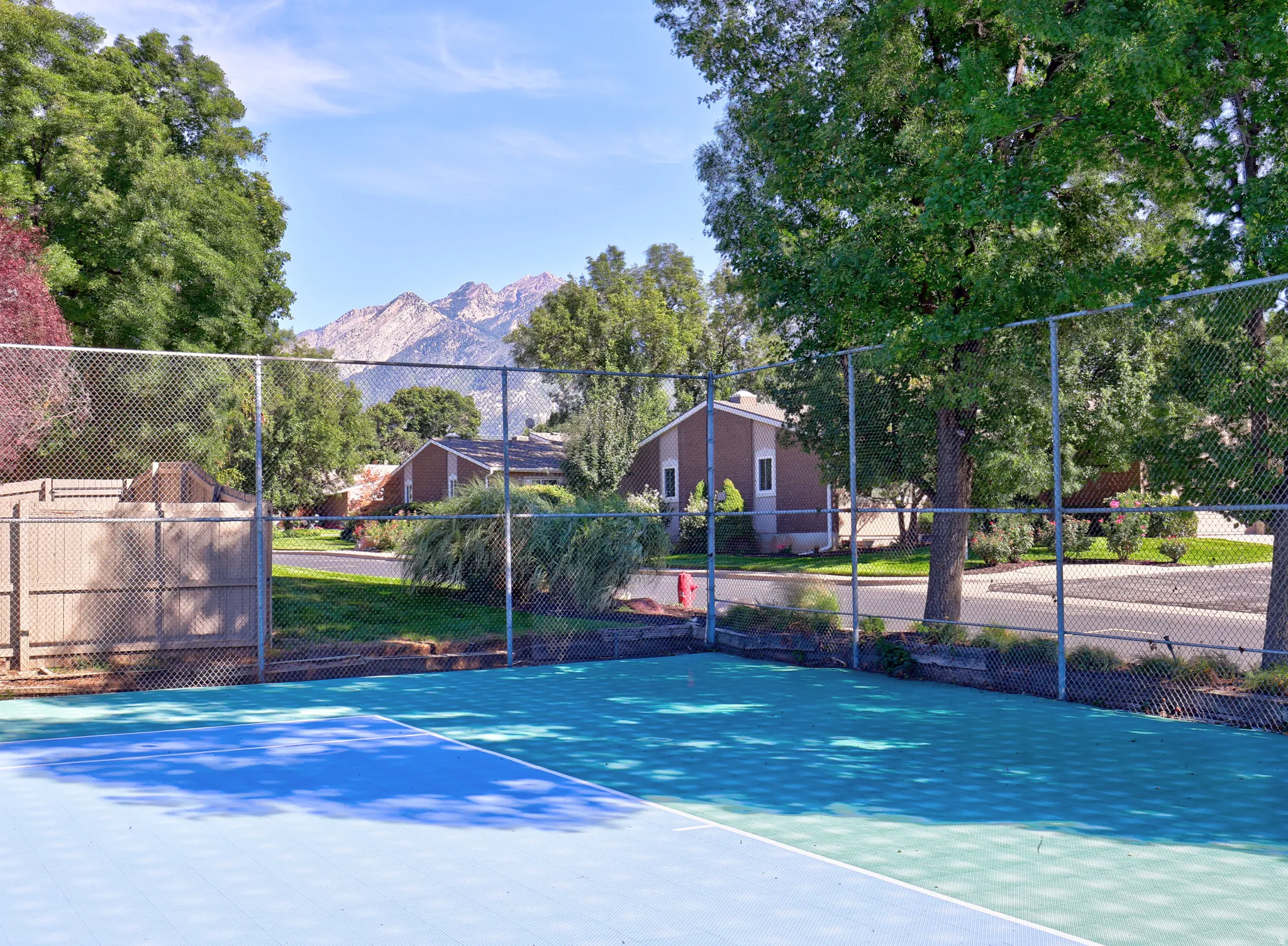 Blue and green two-tone court surface with chain-link fencing, mature trees, and mountainous backdrop