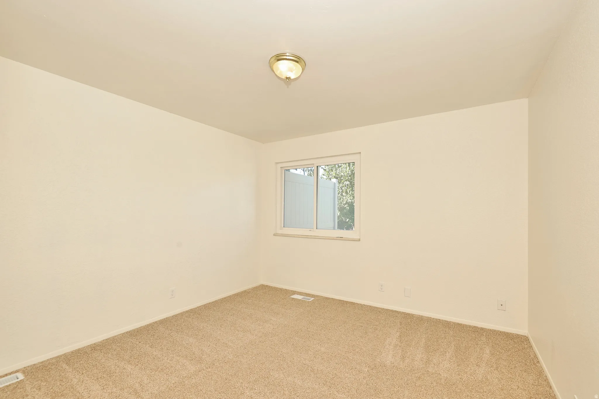 Neutral-toned wall finish, plush carpet flooring, and a single window with white trim