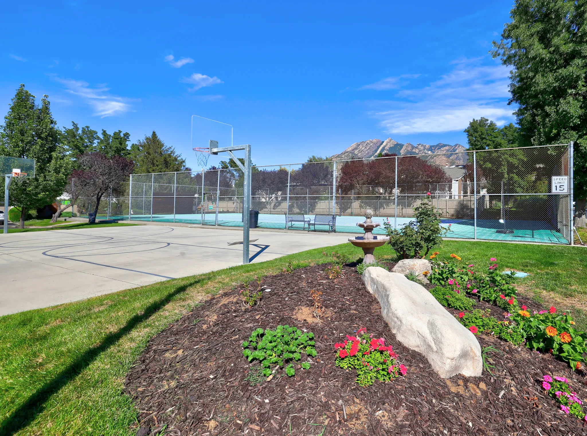 Multi-purpose sports court featuring basketball hoops and a fenced perimeter