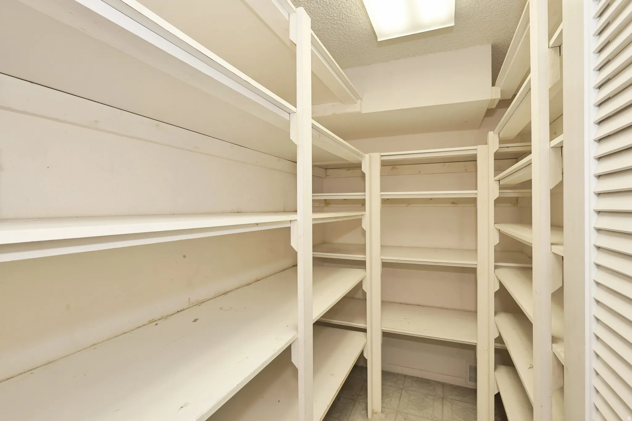 Walk-in pantry featuring extensive built-in shelving, louvered bi-fold door, and overhead lighting