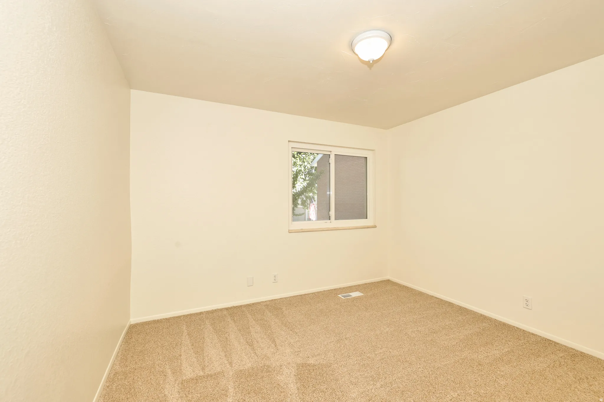 Neutral tone wall paint, flush mount ceiling light fixture, carpet flooring, and a window with white framing