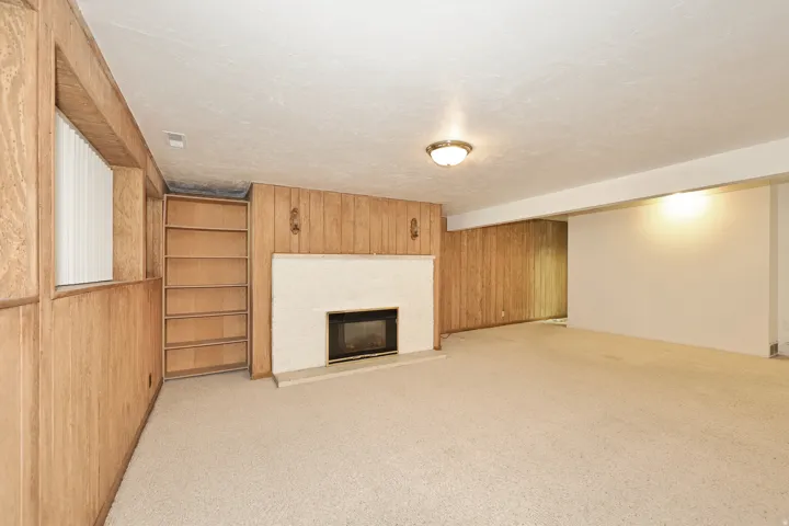 Carpeted room with a fireplace, built-in shelving, wood paneling, and a flush mount light fixture