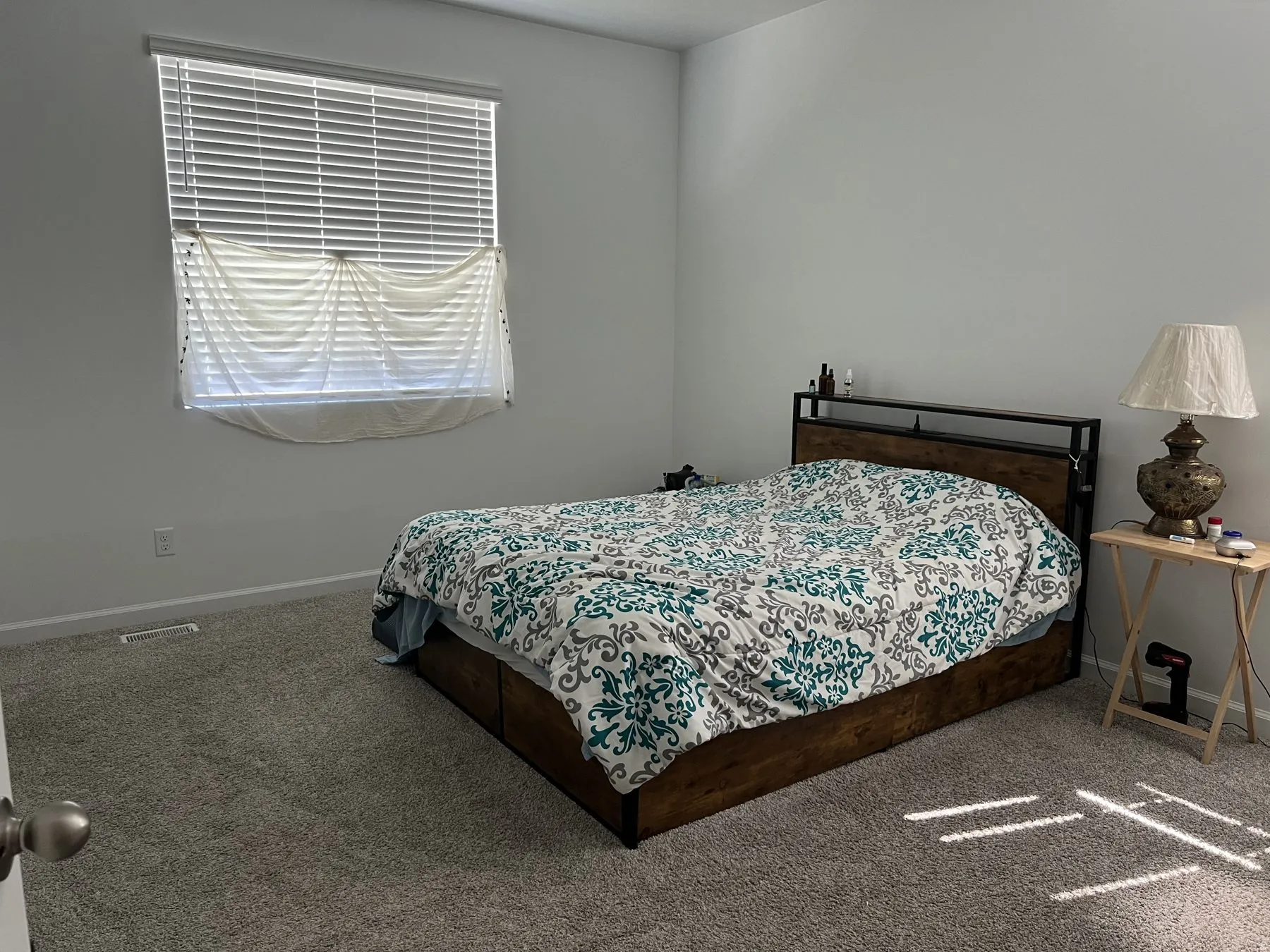 Plush carpeting, a single window with blinds, and light-toned walls