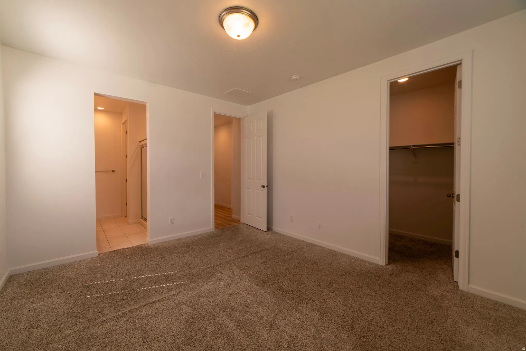 Expansive carpeting, neutral wall tones, and recessed lighting