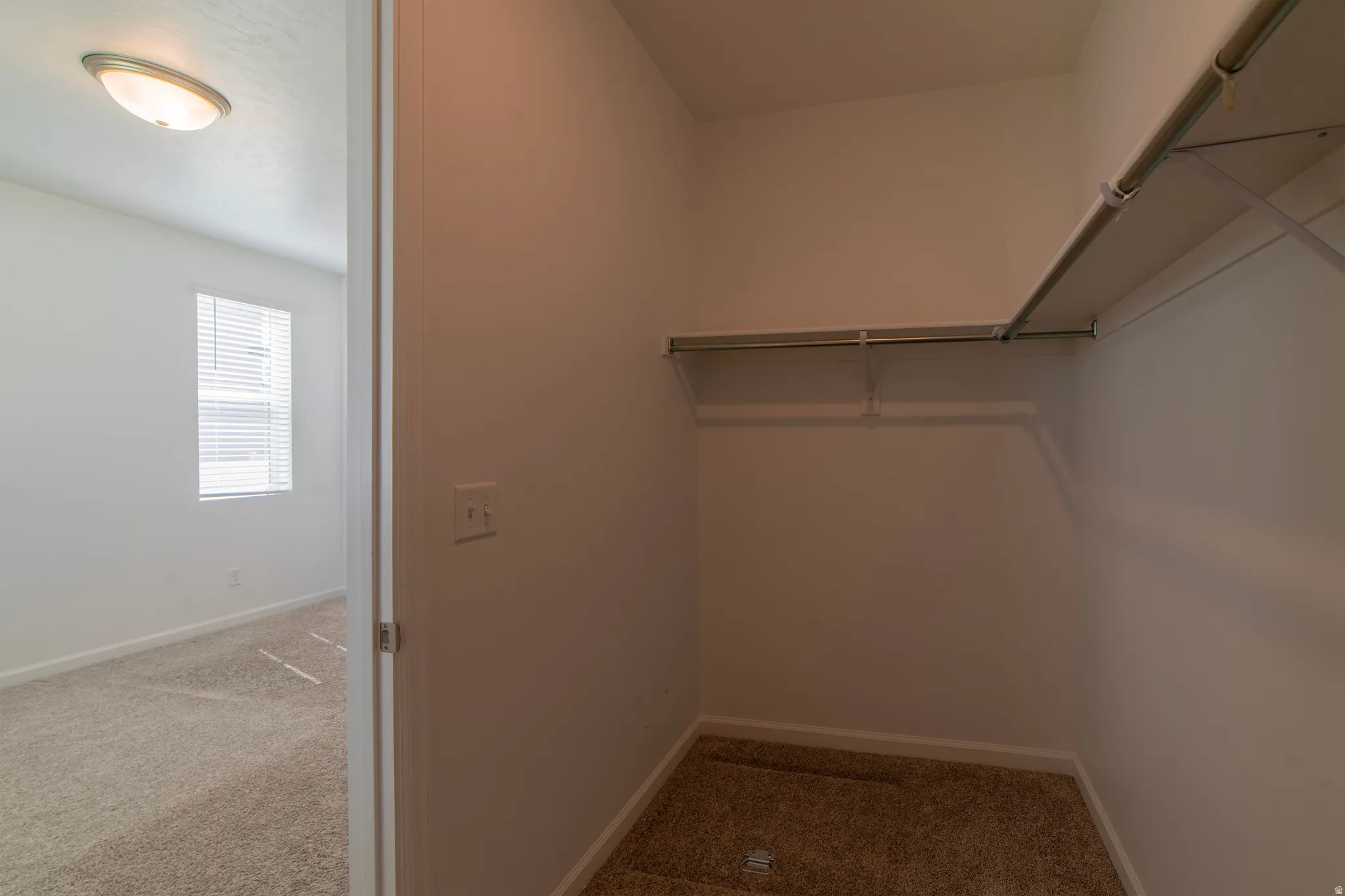 Carpeted closet with shelving and hanging rods