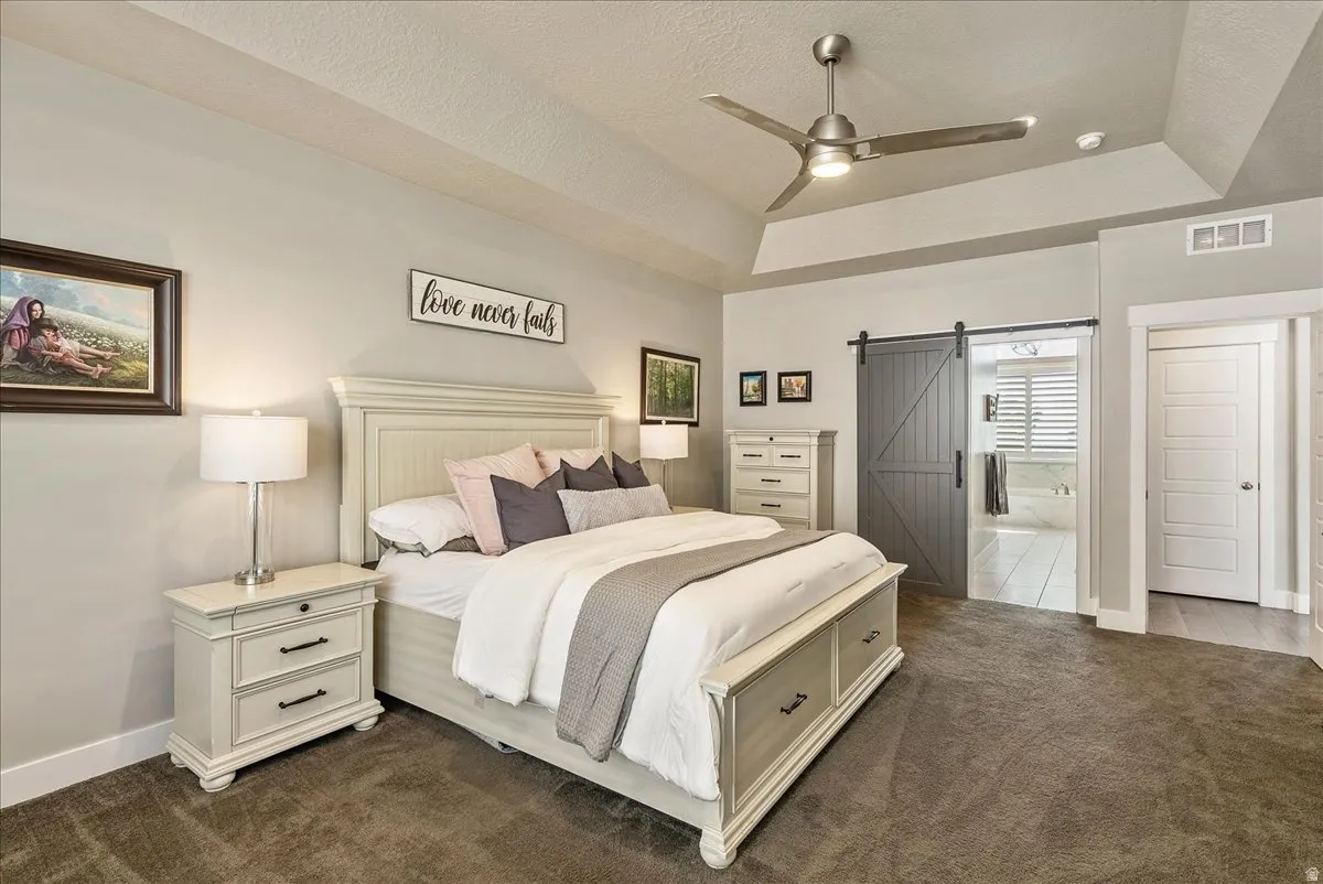 Tray ceiling with a ceiling fan, gray barn door, built-in cabinetry, and plush carpeting