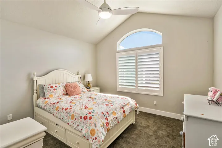 Vaulted ceiling featuring a ceiling fan with integrated lighting, arched transom window, and plantation shutters