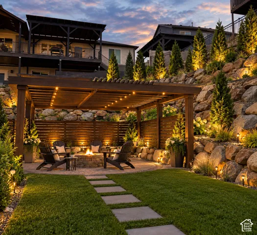 DIGITALLY ALTERED!!!!  This picture is an example of what you can do in the backyard over the firepit to make it more private with a pergola and plants.