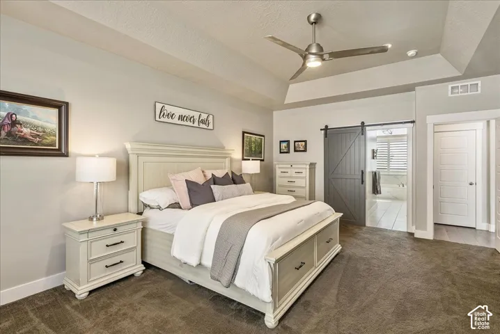 Tray ceiling with a ceiling fan, gray barn door, built-in cabinetry, and plush carpeting