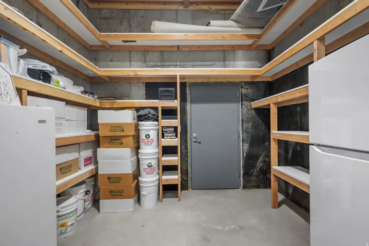 Concrete foundation walls with extensive built-in wooden shelving, a solid core door, and a concrete floor