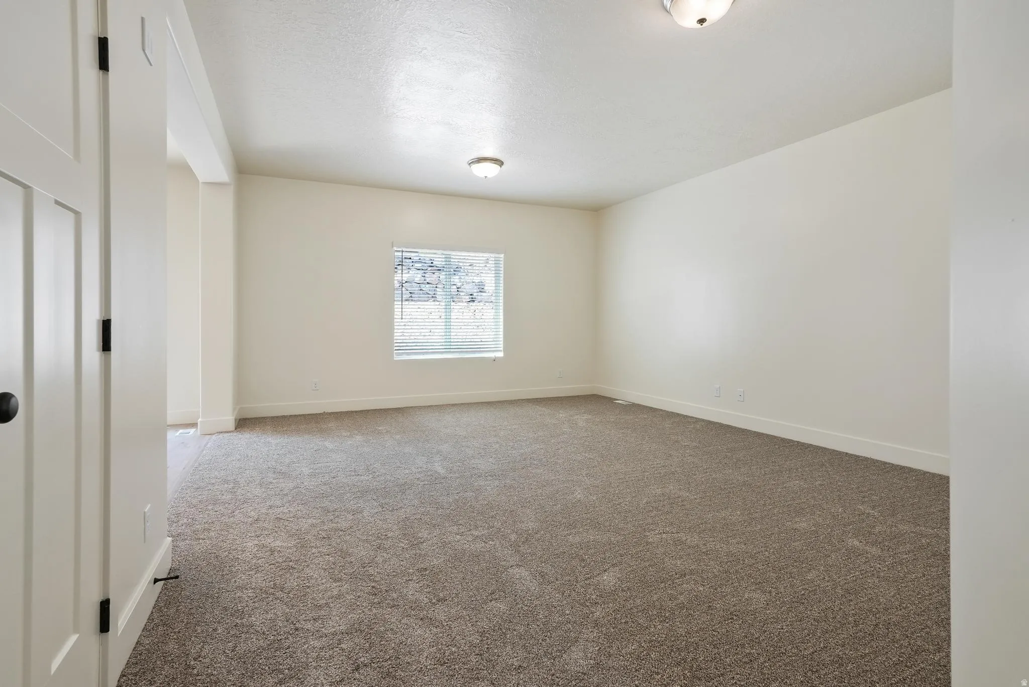Neutral tone wall finishes, recessed lighting, and soft carpet flooring