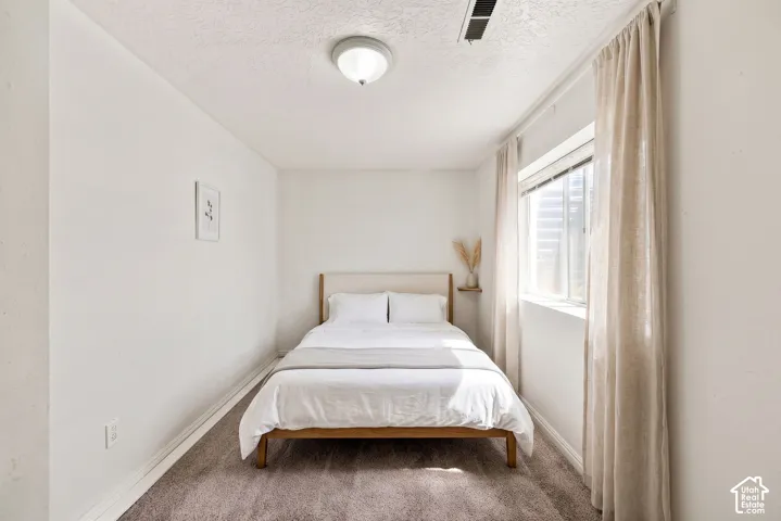 Window with natural light, wall-to-wall carpeting, recessed ceiling vent, and a flush mount ceiling light fixture.  Virtual display