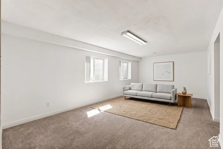 Carpeted flooring, white walls, and built-in overhead lighting,  Virtual display