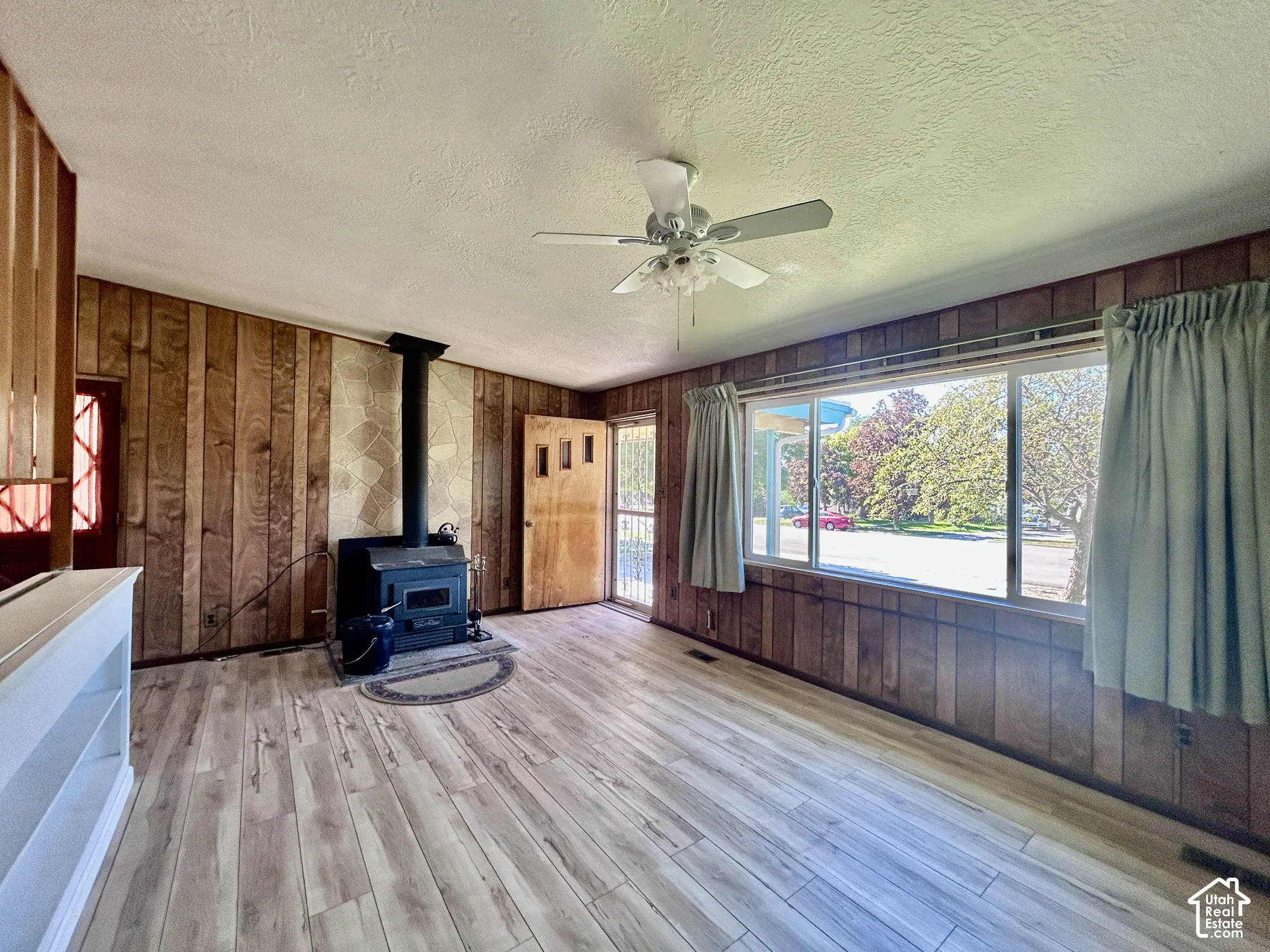 Wood-burning stove in the living room.